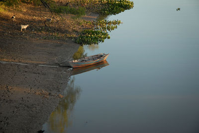 High angle view of boats moored in lake