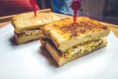 Close-up of cake served on table