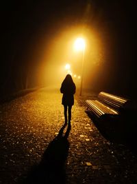 Rear view of silhouette man walking on illuminated street during sunset