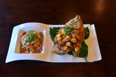 High angle view of meal served on table