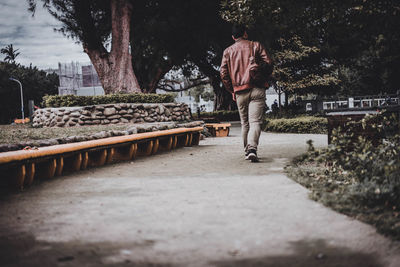 Rear view of man walking on footpath in park