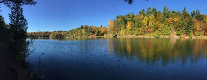 Scenic view of lake against clear blue sky