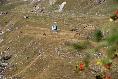 High angle view of overhead cable car over mountains