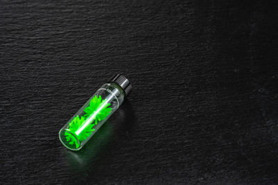 High angle view of wine bottle on table