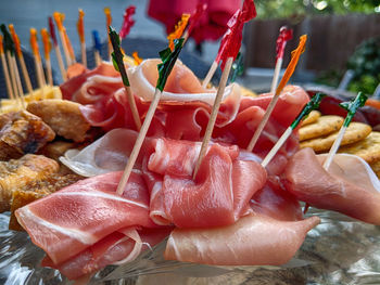 Close-up of cold meat and cheese platter