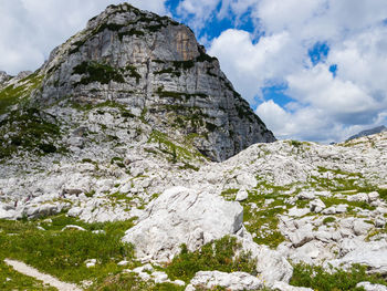 Low angle view of rock formations against sky