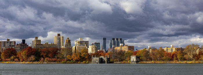 Central park reservoir and fall trees panorama