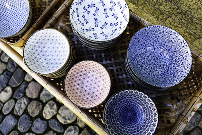 Directly above shot of multi colored containers in basket