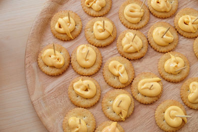 High angle view of cookies on table