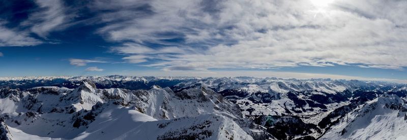 Panoramic view of snowcapped mountains against sky