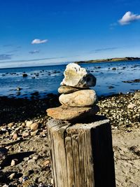 Driftwood on wooden post by sea against sky