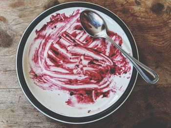 High angle view of ice cream in bowl on table