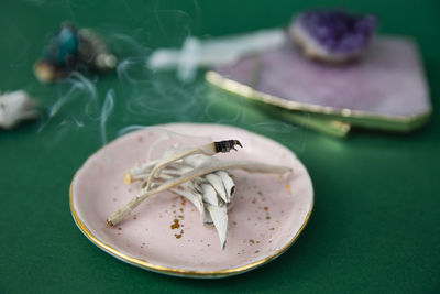 High angle view of dessert in plate on table