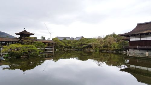 Reflection of building on lake against sky