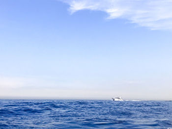 Sailboat sailing in sea against sky