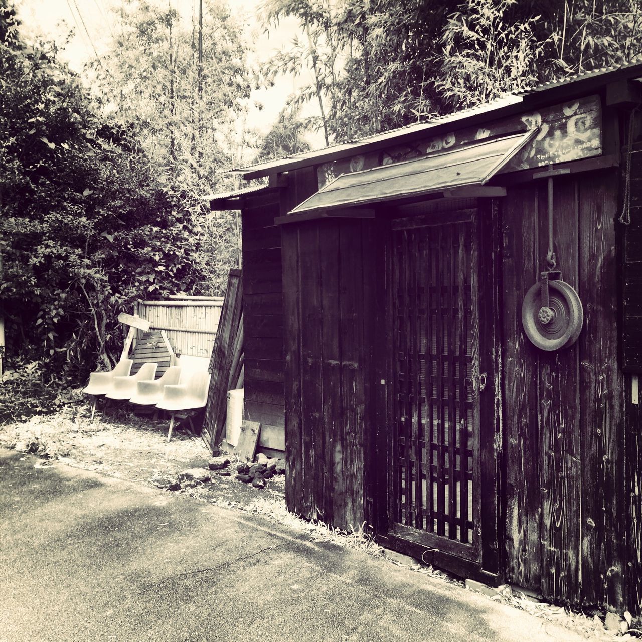 building exterior, built structure, architecture, house, door, closed, wood - material, tree, protection, safety, outdoors, old, residential structure, day, gate, entrance, security, fence, no people, abandoned