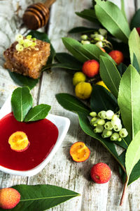 Close-up of fruits and leaves on table