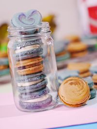 Close-up of ice cream in jar on table