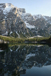 Scenic view of lake and snowcapped mountains against sky