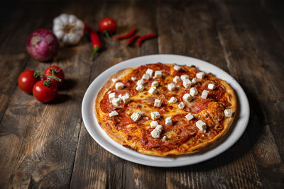 High angle view of pizza on table