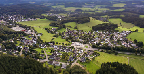 High angle view of houses and trees on field