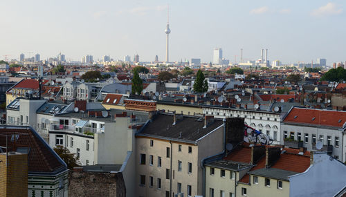 High angle view of buildings in city