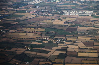 High angle view of buildings on field