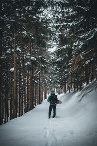 Rear view of man on snow covered land