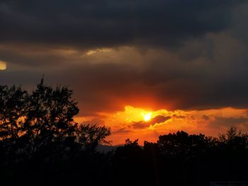 Silhouette trees against dramatic sky during sunset