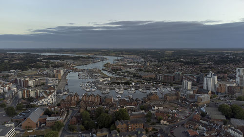 An aerial photo of the wet dock in ipswich, suffolk, uk