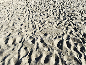 High angle view of footprints on sand at beach