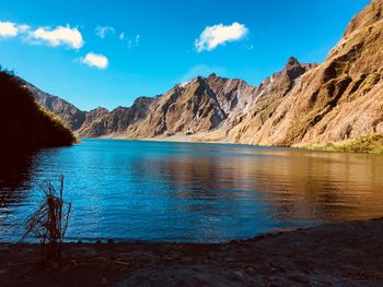 Scenic view of lake and mountains against sky