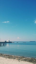 Scenic view of sea against clear blue sky