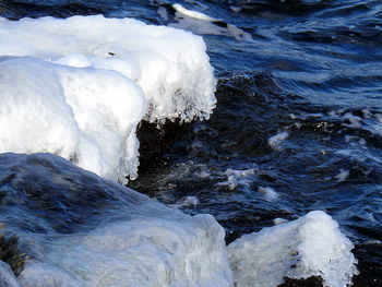 Close-up of snow on sea shore