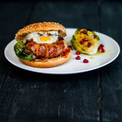 Close-up of burger on table