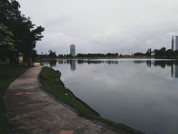 Scenic view of reflection of trees in water against sky