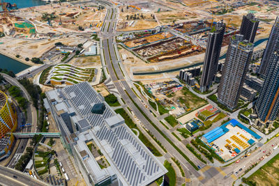 High angle view of city street and buildings