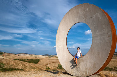 Volterra, tuscany, italy. august 2020. in the countryside of the city, a modern art installation 