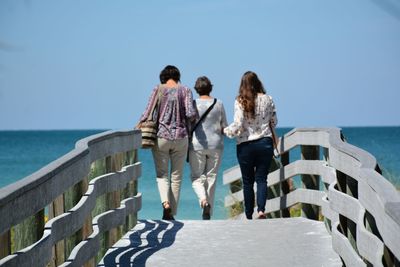 Rear view of women looking at sea against clear sky