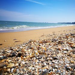 Pebbles on beach against sky