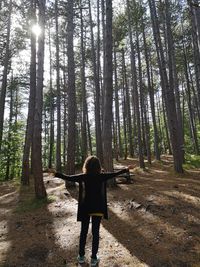 Rear view of woman standing by trees in forest