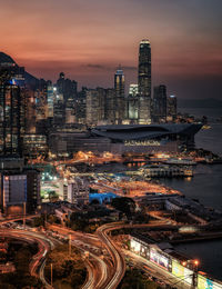 High angle view of illuminated city at night