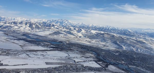 Scenic view of snowcapped mountains against sky