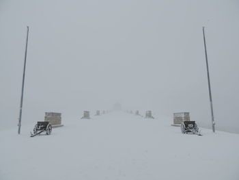 Snow covered land against sky