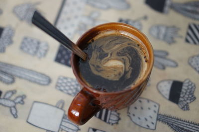High angle view of coffee on table