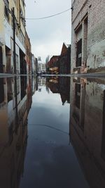 Reflection of buildings in puddle