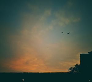 Low angle view of silhouette birds flying against sky during sunset