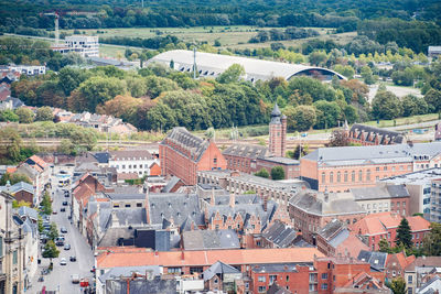 High angle view of townscape and trees in city