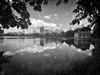 Reflection of trees in lake against sky