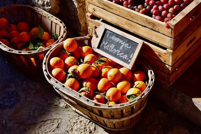 High angle view of fruits in basket at market stall